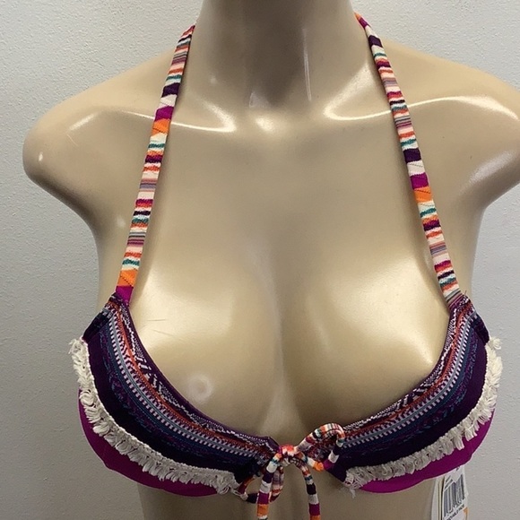 Lucky Brand Size Small Underwire Tribal Print Trim With Fringe Bikini Top. New - Picture 2 of 9